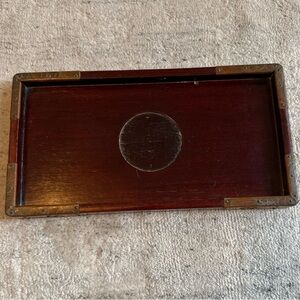 Vintage Asian Motif Rosewood Tray W/ Brass Accents Hardware 13” X 7”